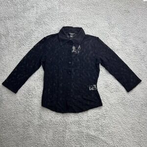 Guess U.S.A. Black Lace Fitted 3/4‎ Button Nylon Top Women's Size M VTG NWT